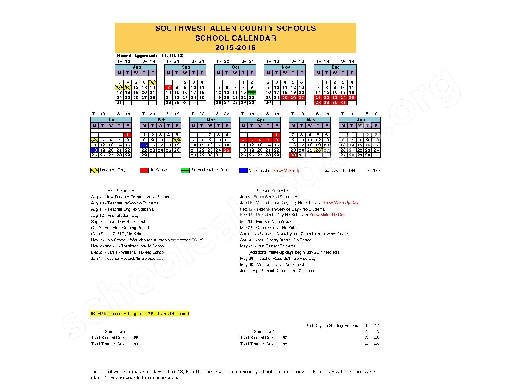 Southwest Allen County Schools Calendars Fort Wayne IN