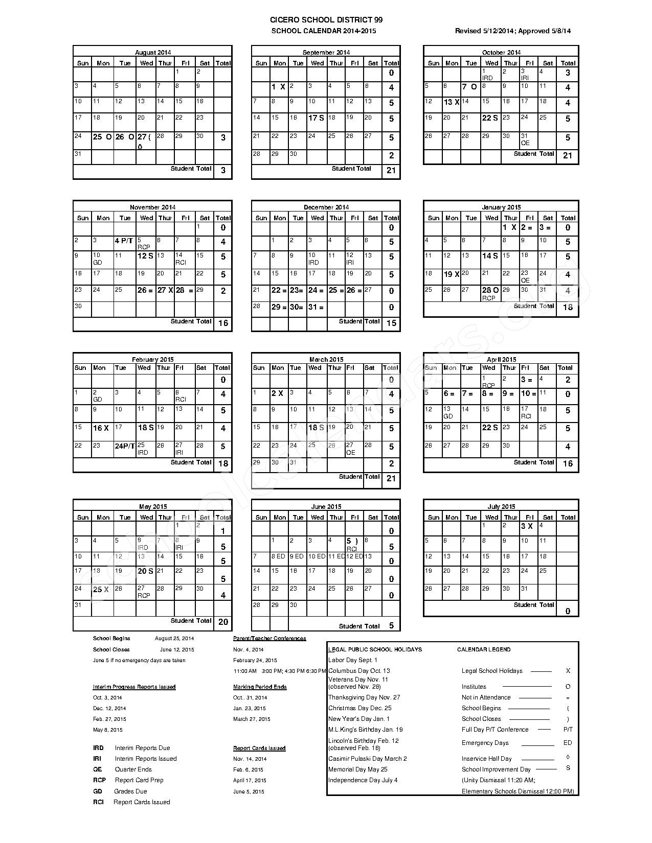 2014 2015 School Calendar Cicero East Elementary School Cicero IL