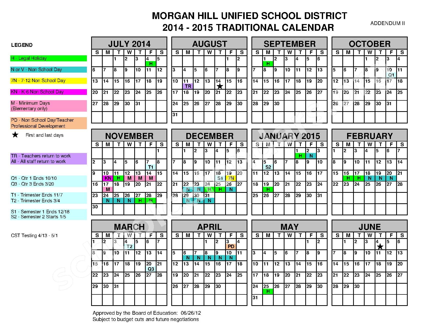 Central High School Calendars Morgan Hill CA