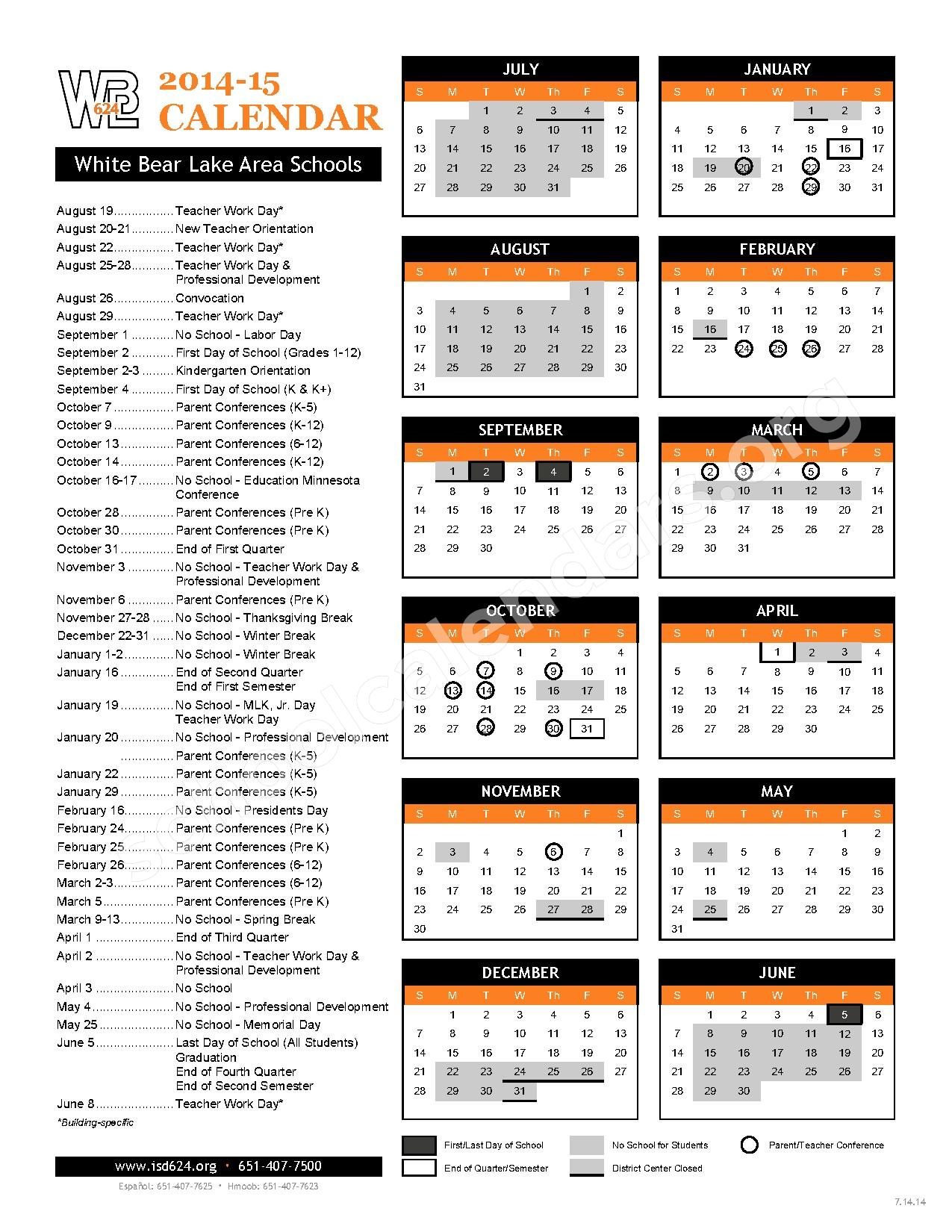 2014 2015 Academic Calendar Lincoln Elementary School White Bear