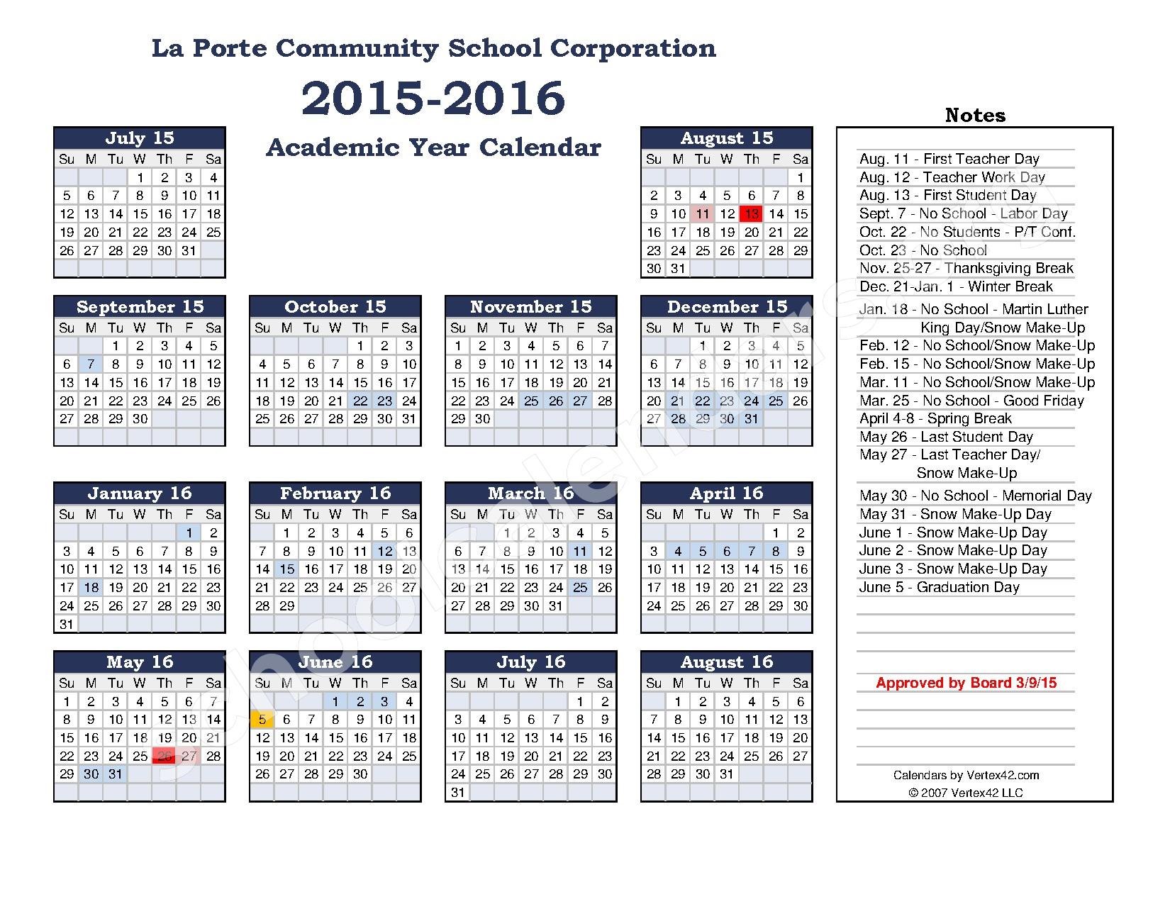 Laporte Community School Corporation Calendars Laporte IN