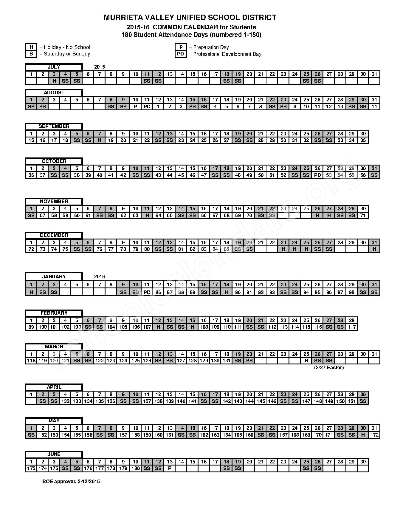 Murrieta Valley Unified School District Calendars Murrieta CA