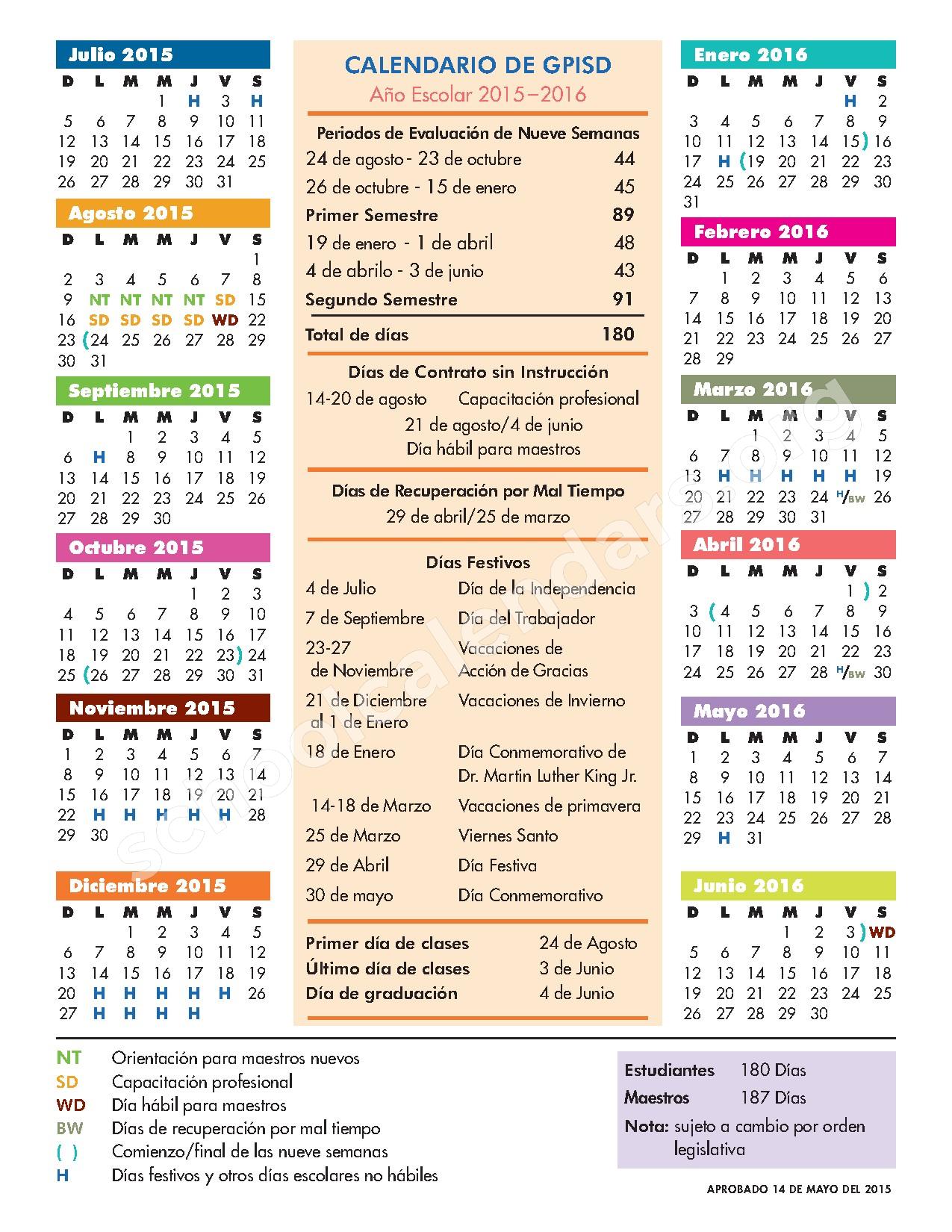 2015 2016 Calendario Escolar Grand Prairie Independent School 