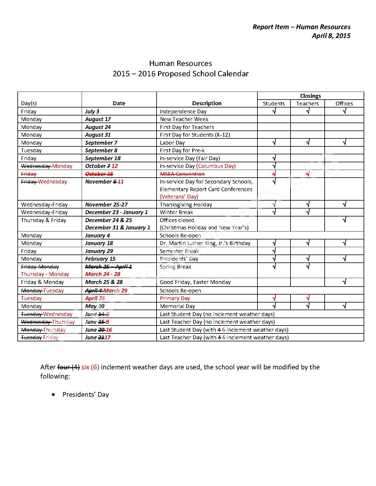 2015 2016 School Calendar Charles County Public Schools La Plata MD