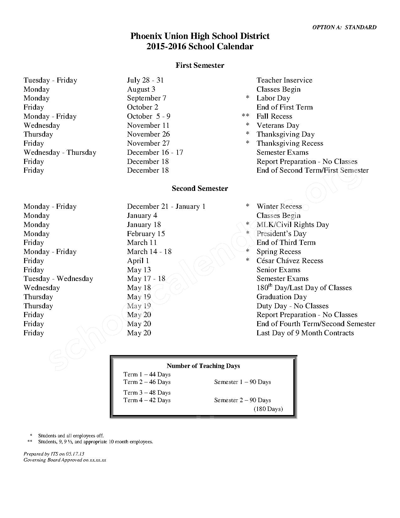 2015 2016 School Calendar Phoenix Union High School District Phoenix AZ 2015 2016 School Calendar Phoenix Union High School District Phoenix AZ