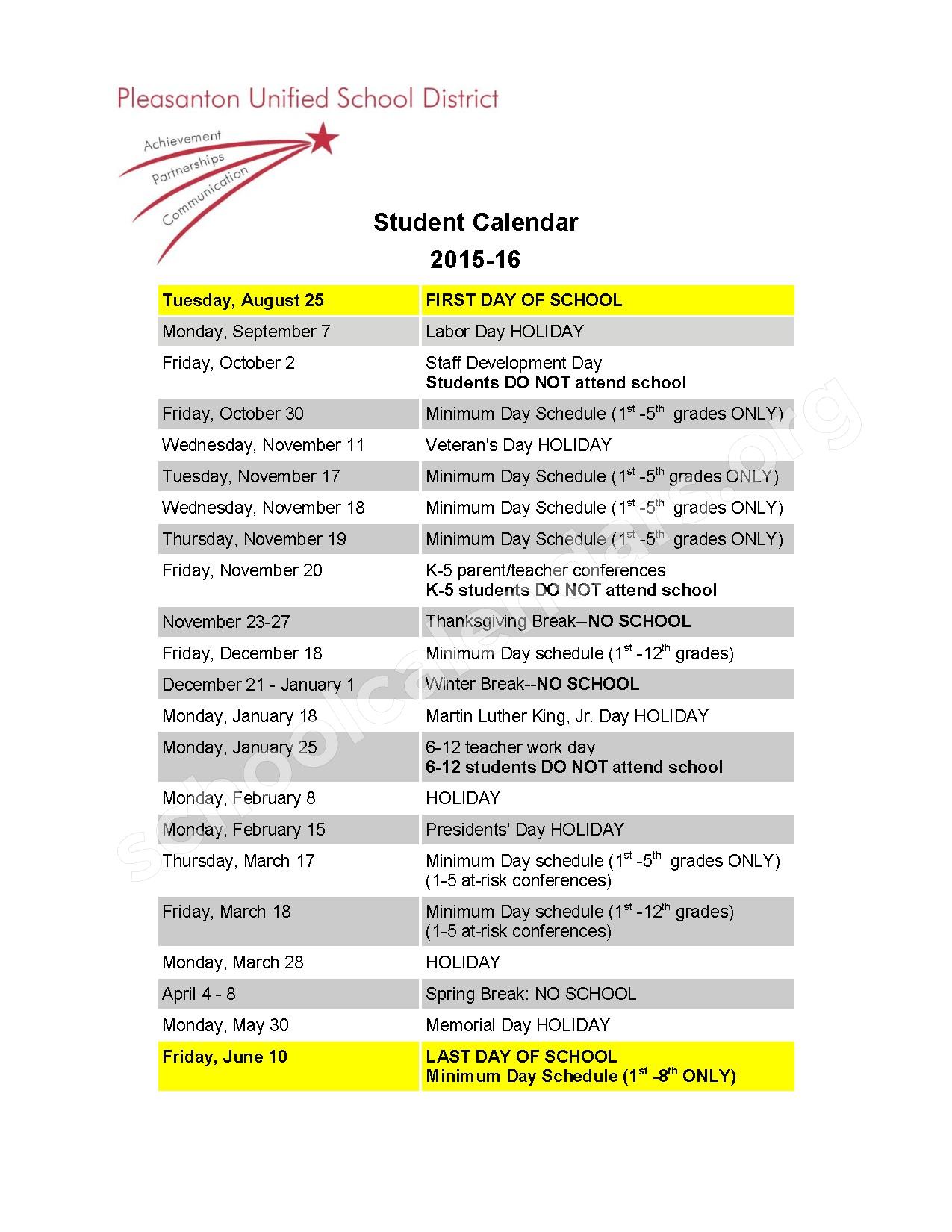 Pleasanton Unified School District Calendars Pleasanton, CA