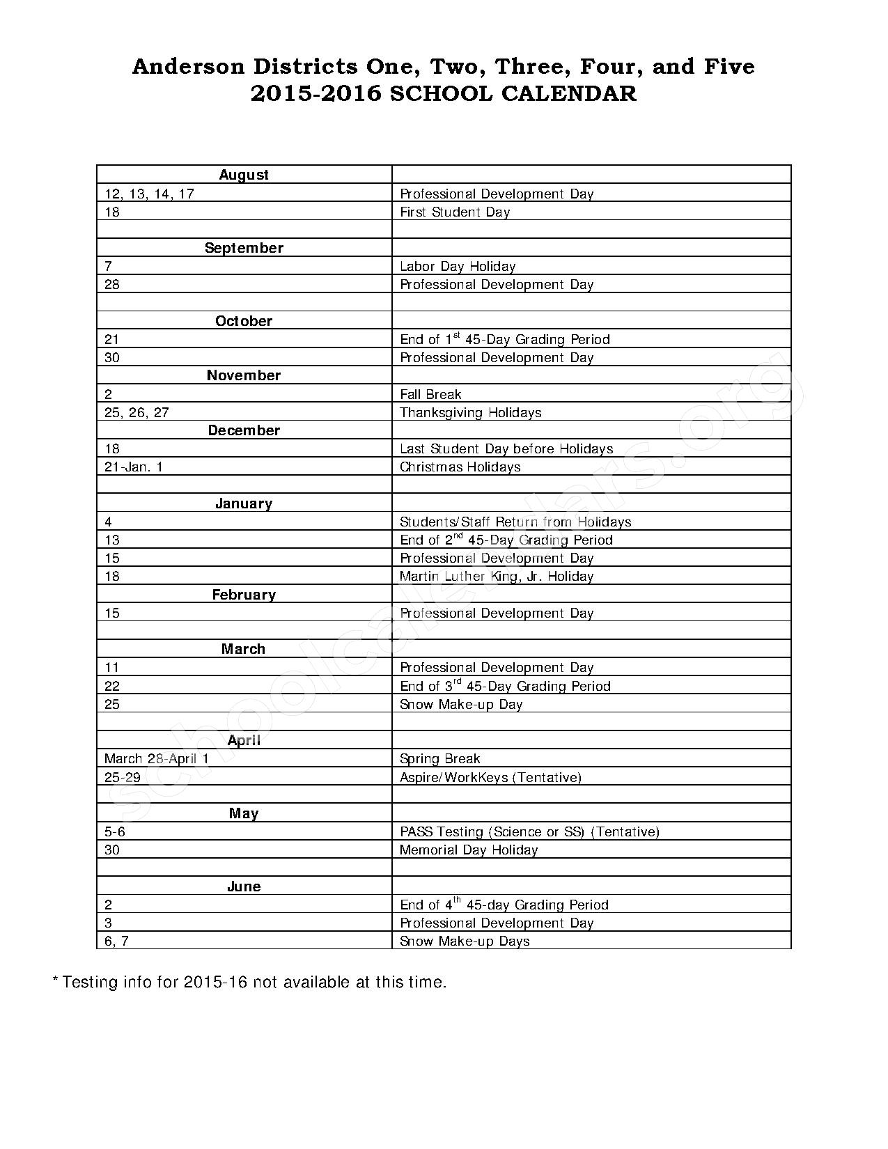 Anderson District 1 Calendar