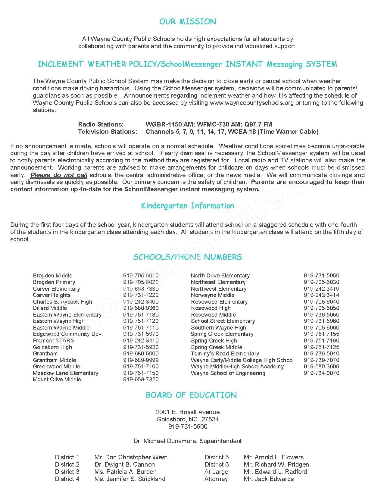 Wayne County Public Schools Calendars Goldsboro NC