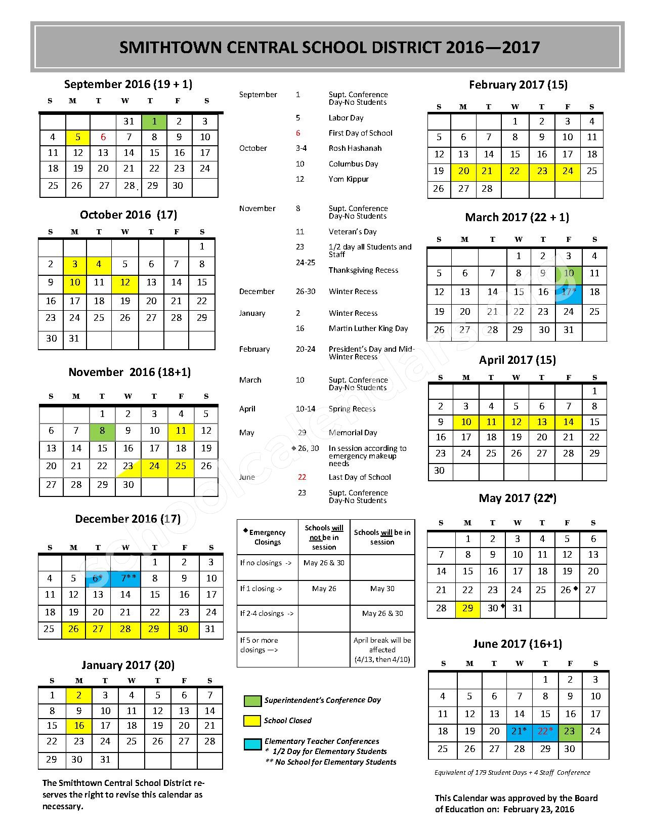 2016 2017 District Calendar Smithtown High School West Smithtown NY