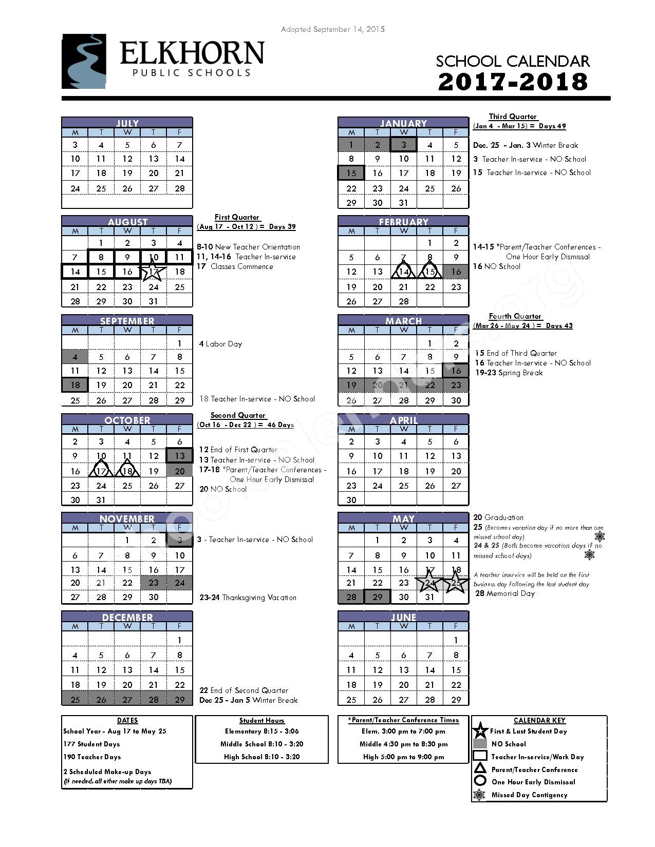 2017 2018 District Calendar Elkhorn Public Schools Elkhorn, NE