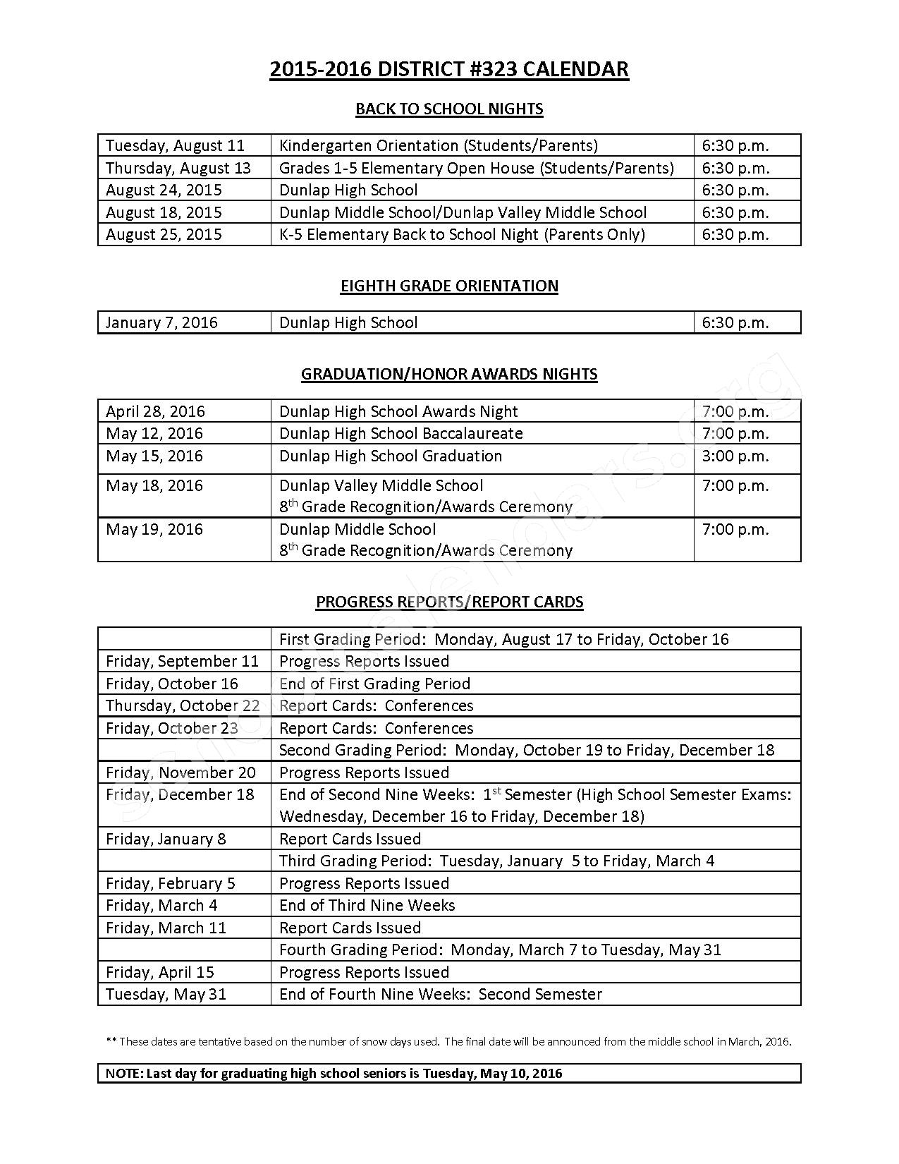 2015 2016 District Calendar Dunlap Grade School Dunlap, IL