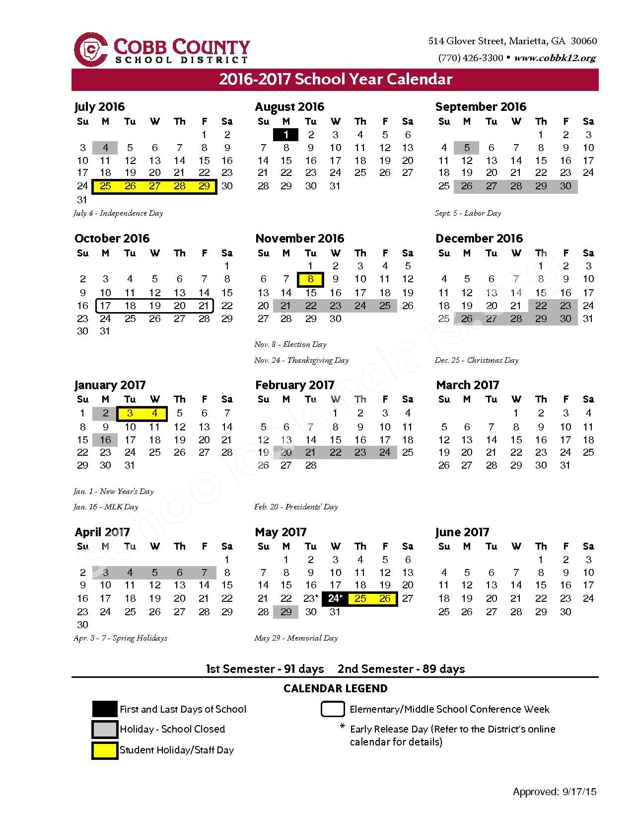 2016 2017 District Calendar Cooper Middle School Austell GA