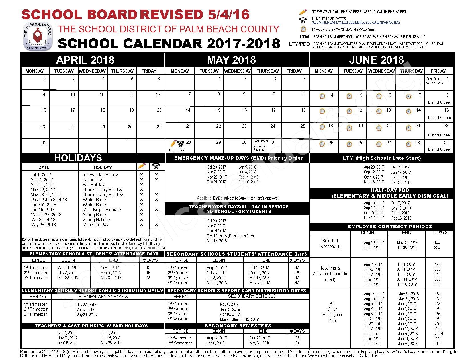 2017 2018 School Calendar Palm Beach County School District West 