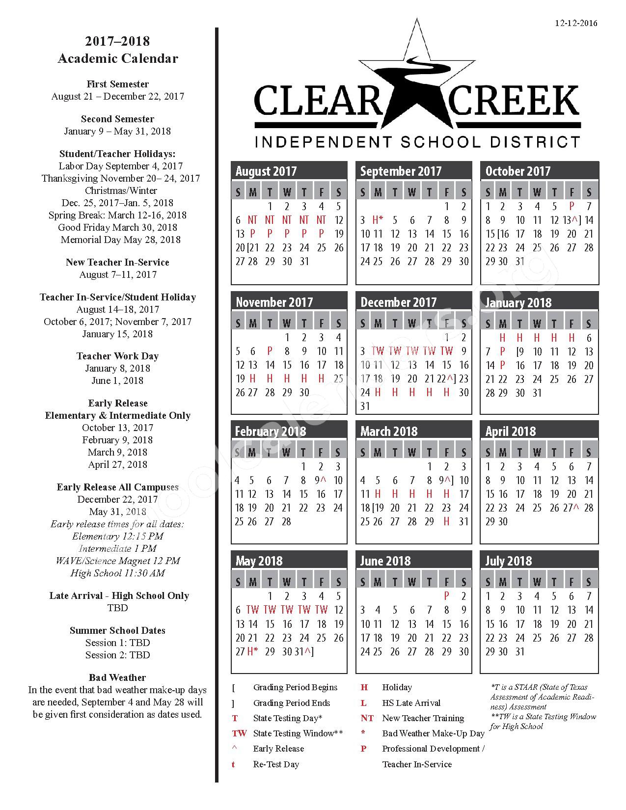 2017 2018 Academic Calendar Clear Creek Independent School District 2017 2018 Academic Calendar Clear Creek Independent School District