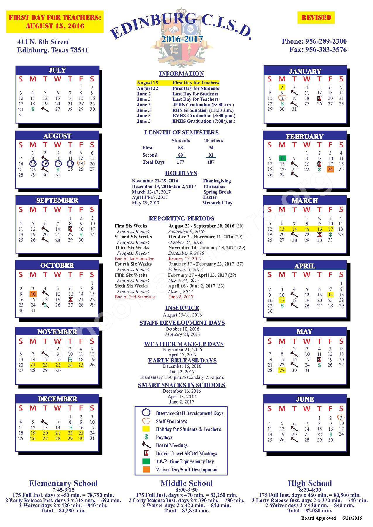 2016 2017 District Calendar De La Vina Elementary School Edinburg, TX