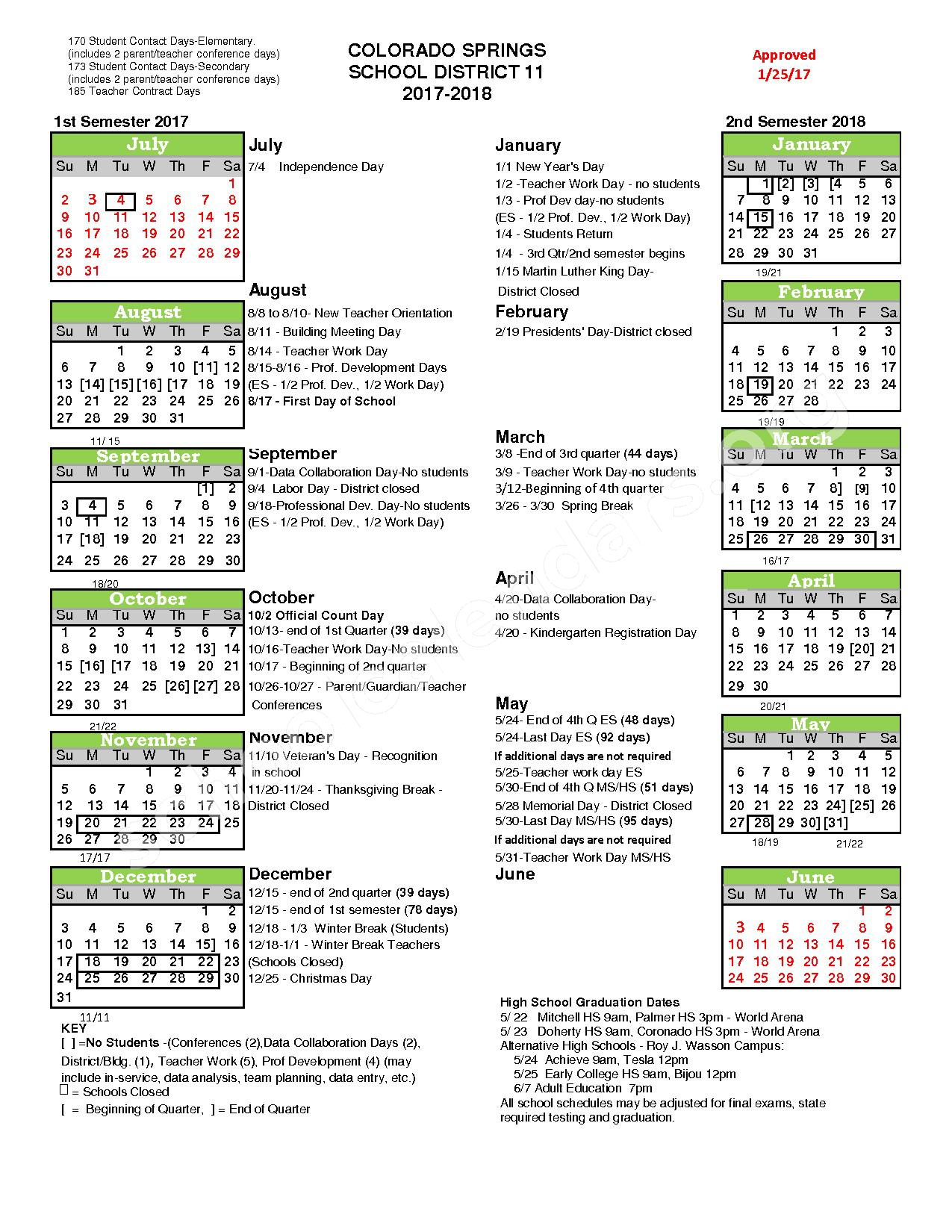 2017 2018 District Calendar Colorado Springs School District 11 