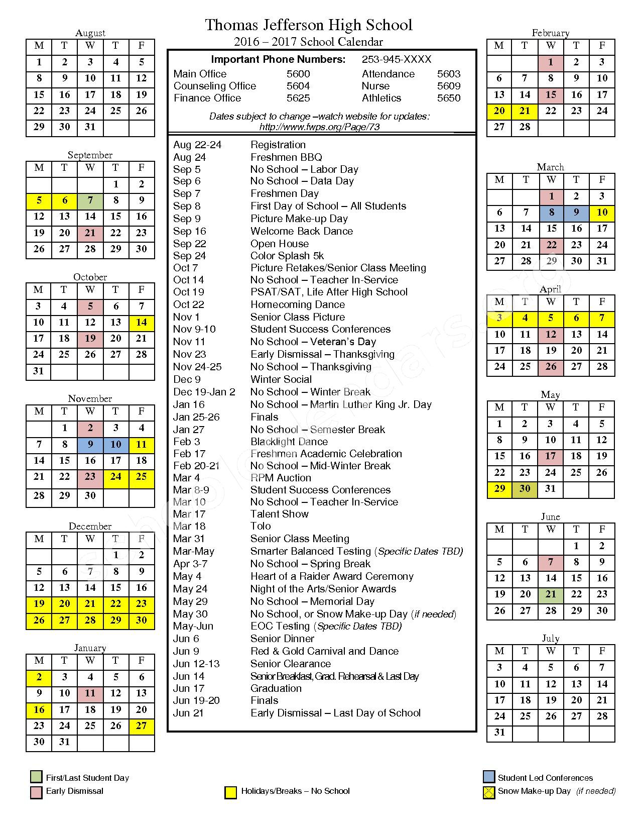 2016 2017 TJHS Calendar Thomas Jefferson High School Auburn WA 2016 2017 TJHS Calendar Thomas Jefferson High School Auburn WA