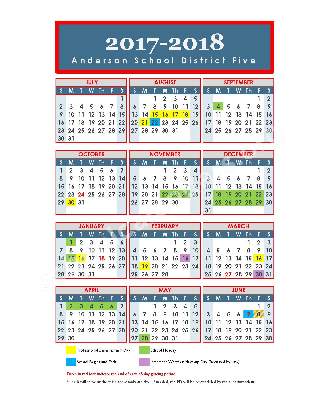 Anderson District One Calendar Martin Printable Calendars