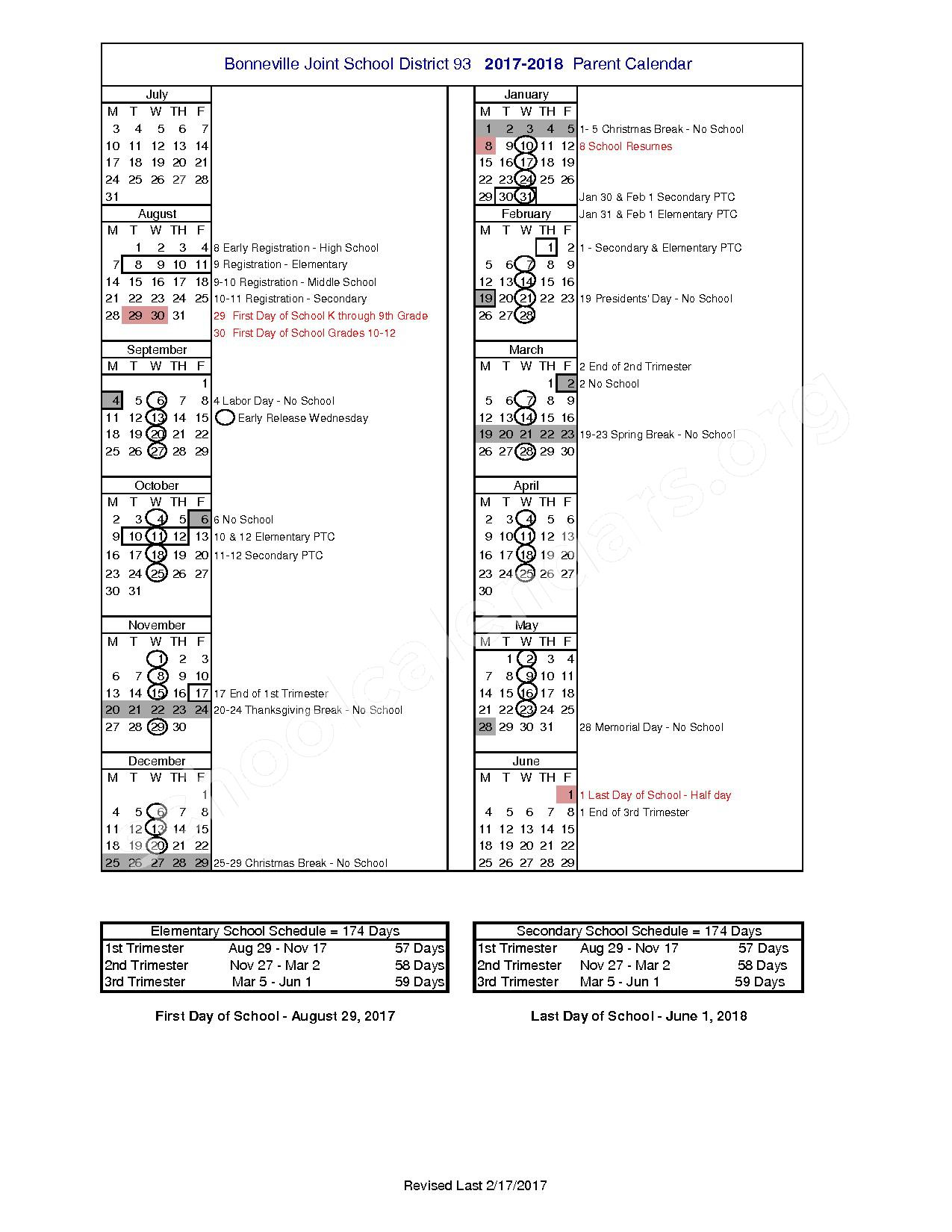 2017 2018 School Calendar Woodland Hills Elementary School Ammon ID