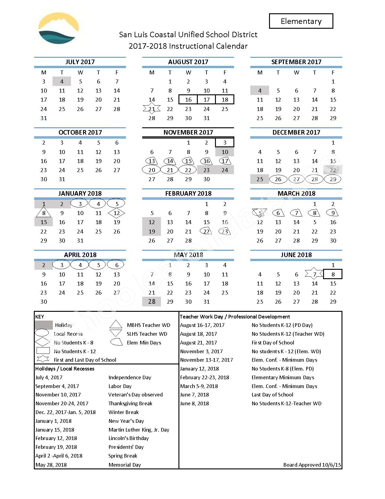 2017 2018 Elementary School Calendar Laguna Middle School San 