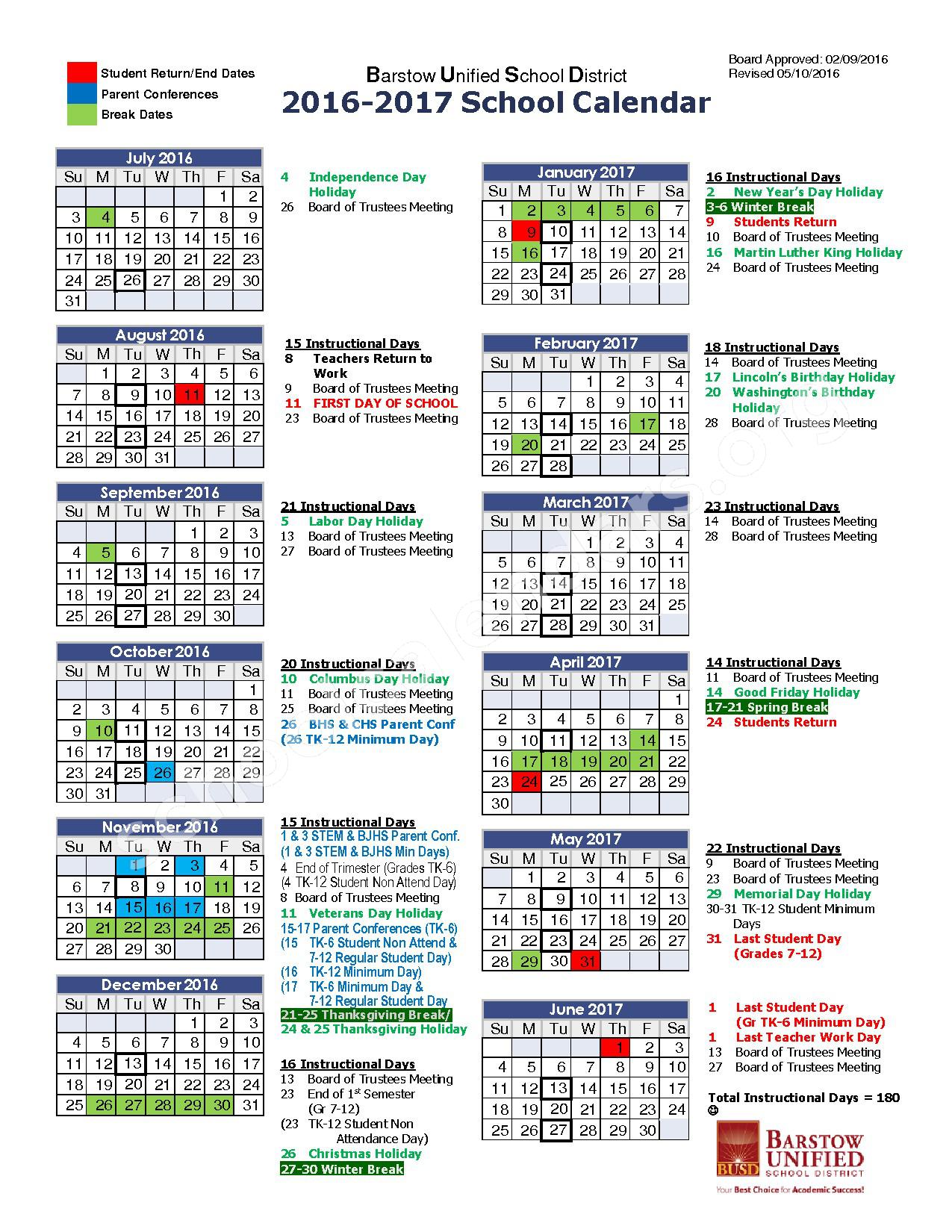 2016 2017 School Calendar Lenwood Elementary School Lenwood, CA