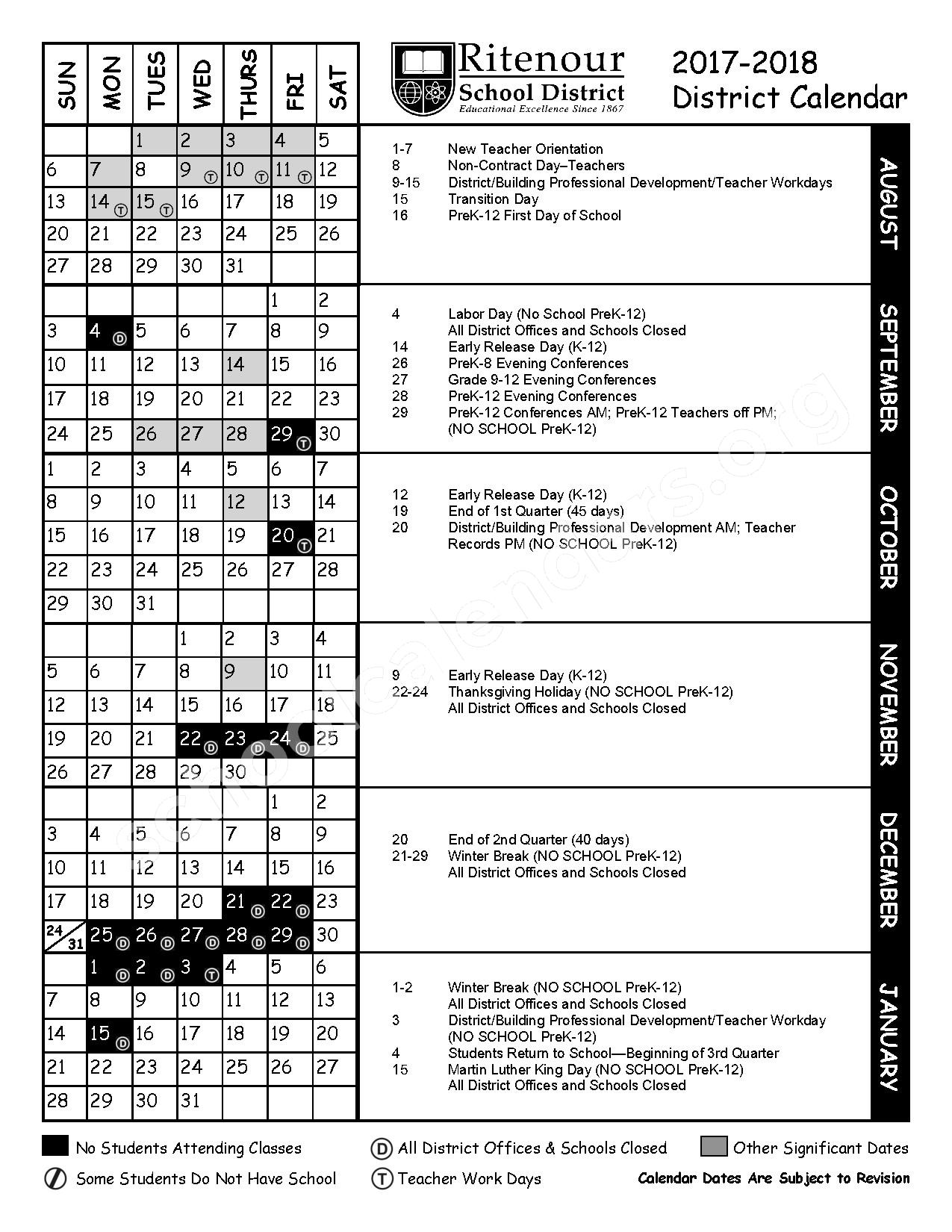 2017 2018 District Calendar Ritenour School District St Louis MO