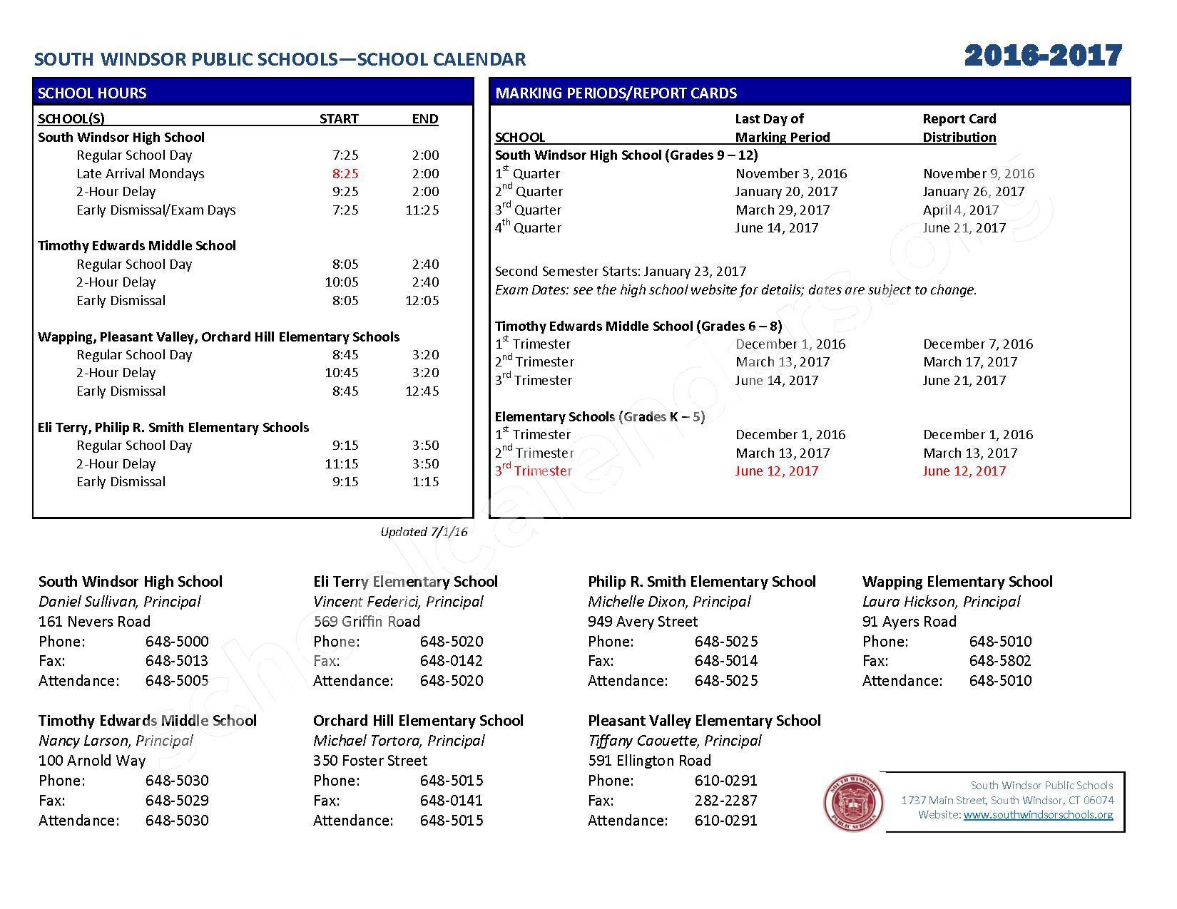 2016 2017 District Calendar South Windsor Public Schools South 2016 2017 District Calendar South Windsor Public Schools South