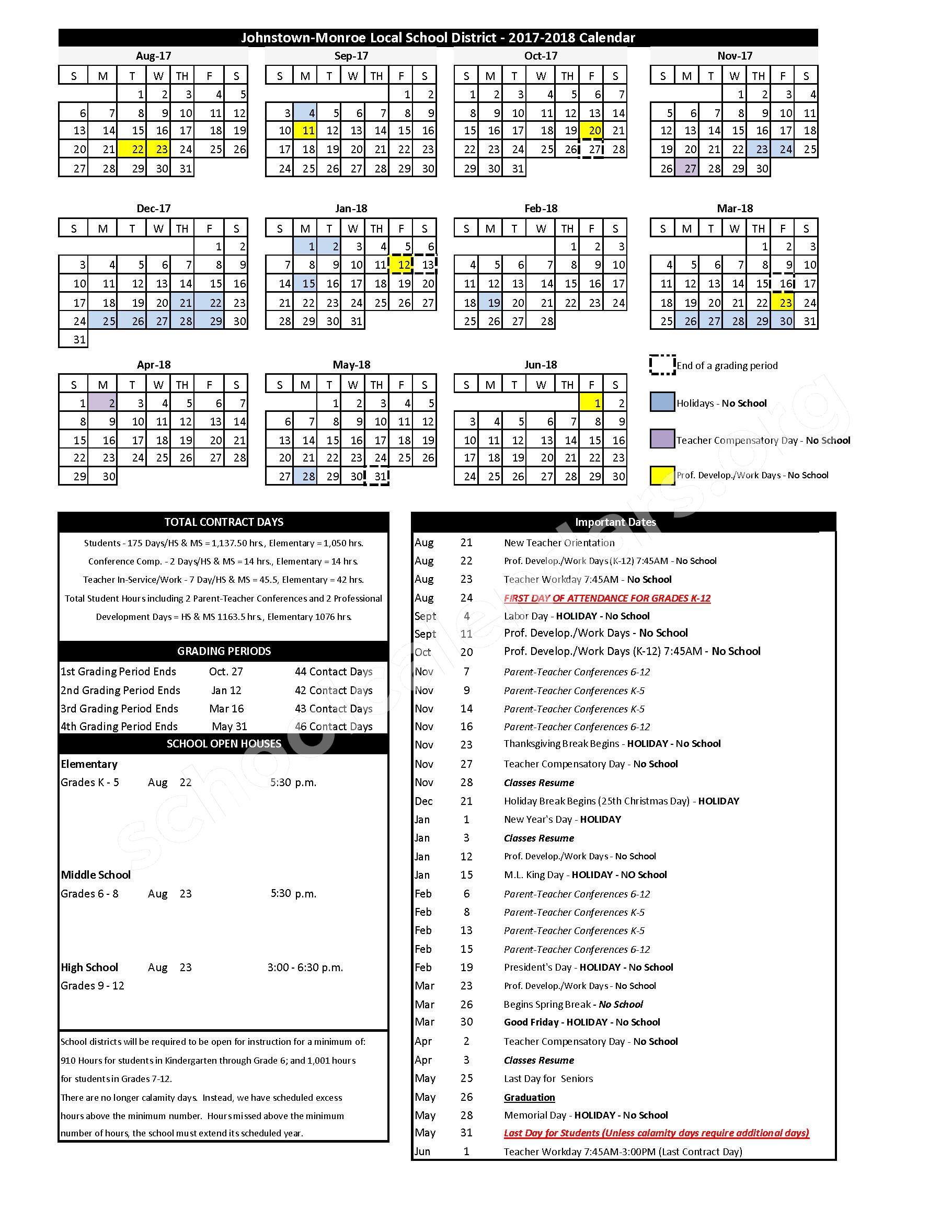 2017 2018 School Calendar Johnstown Monroe Local School District Johnstown OH