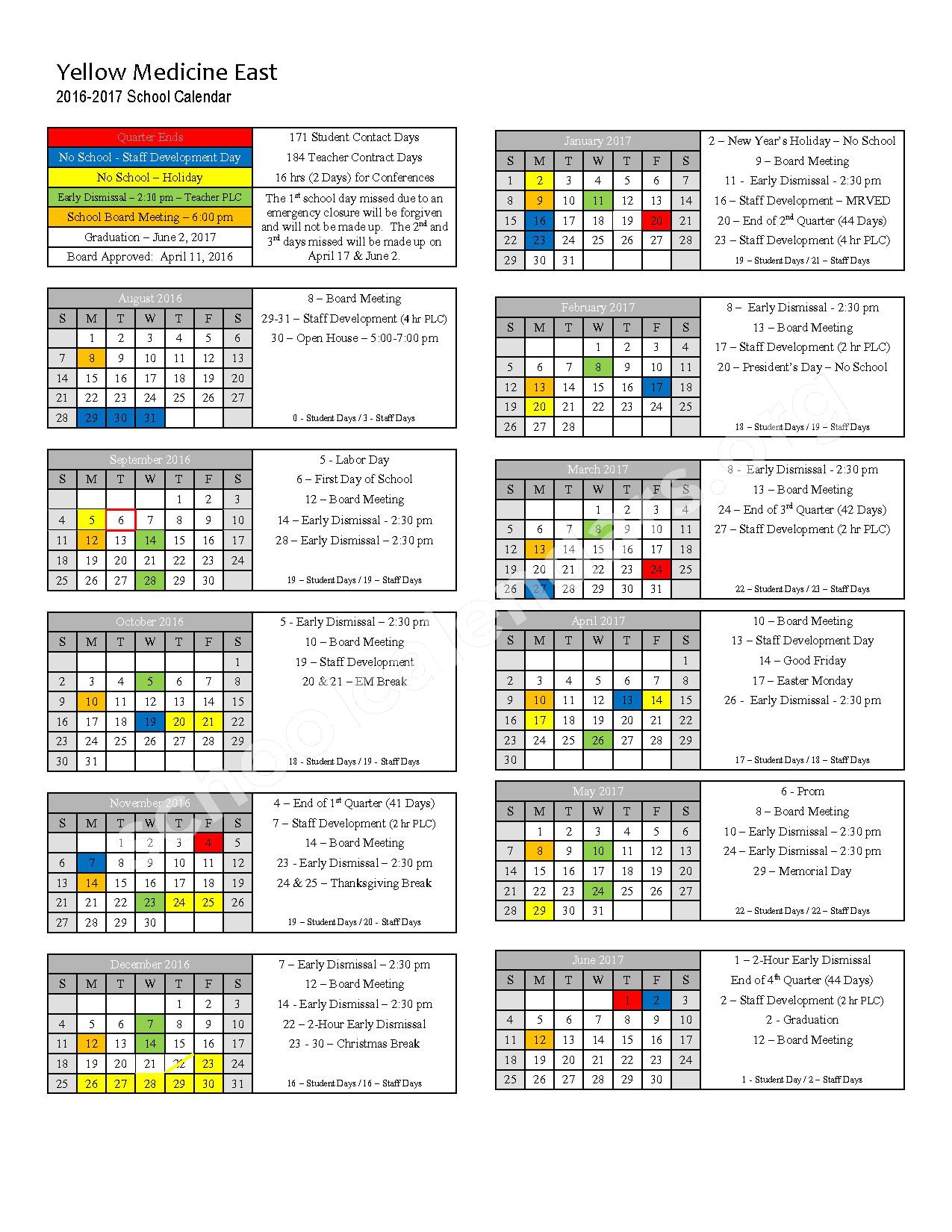 2016 2017 School Calendar Yellow Medicine East Granite Falls, MN