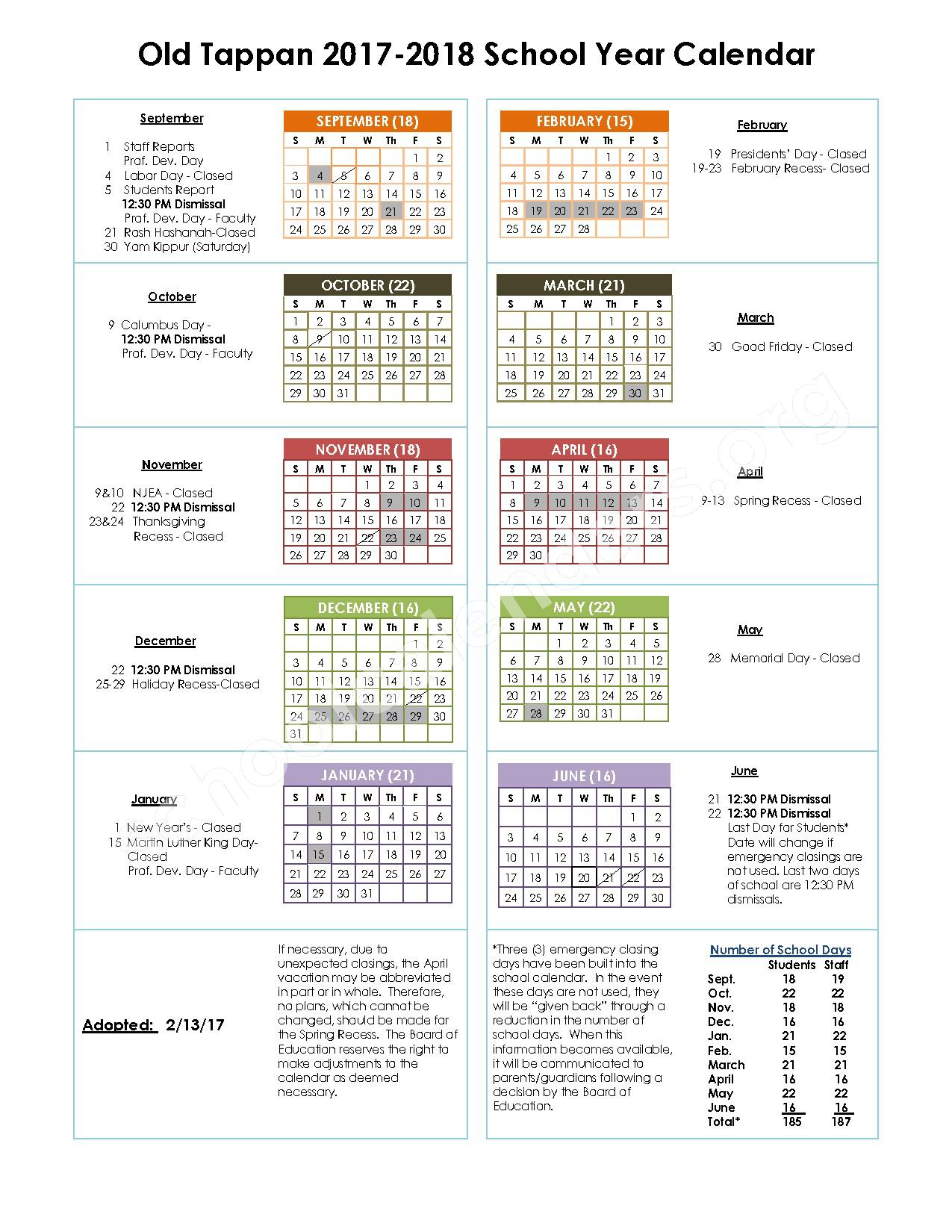 Old Tappan Public Schools Calendars New Jersey