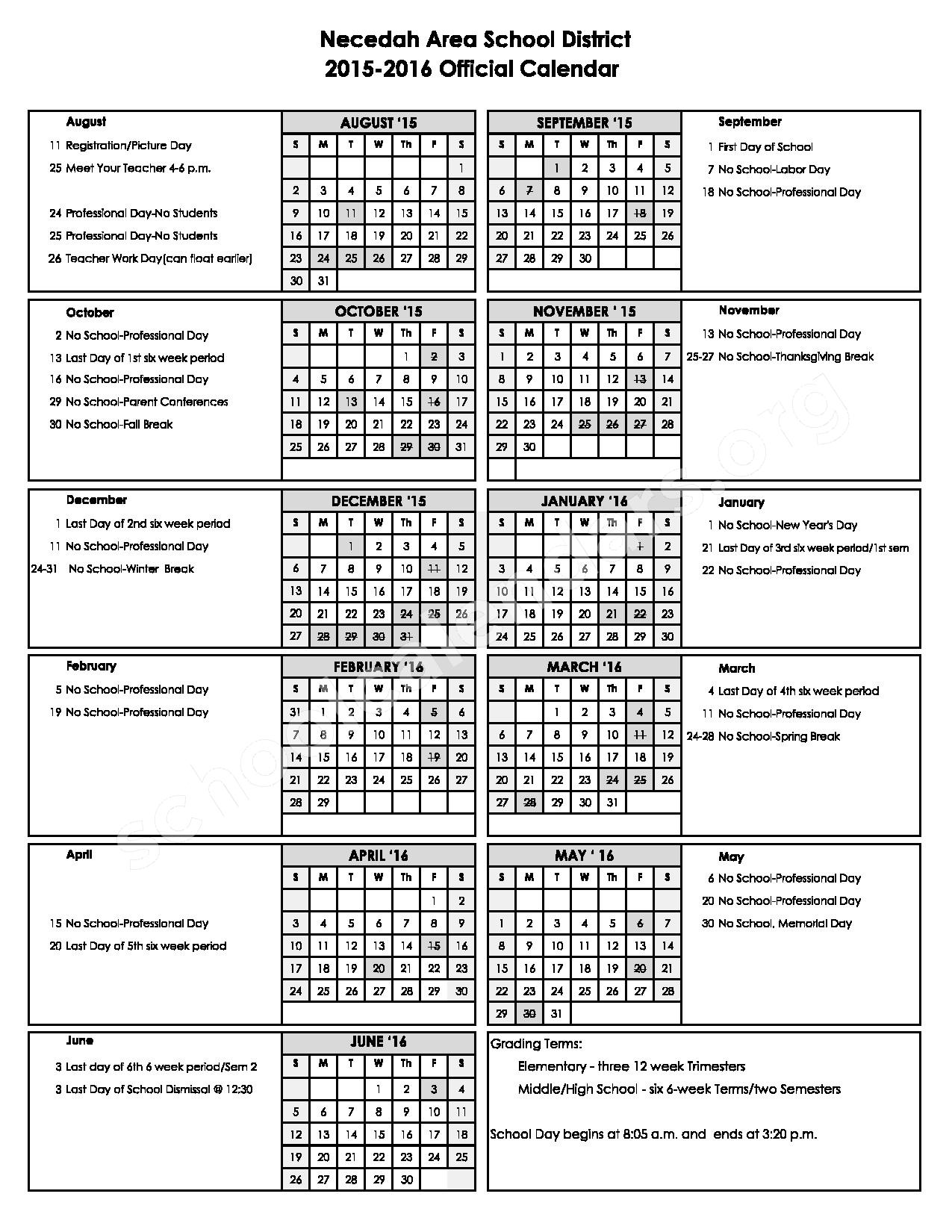 2015 2016 School Calendar Necedah Middle / High School Necedah, WI