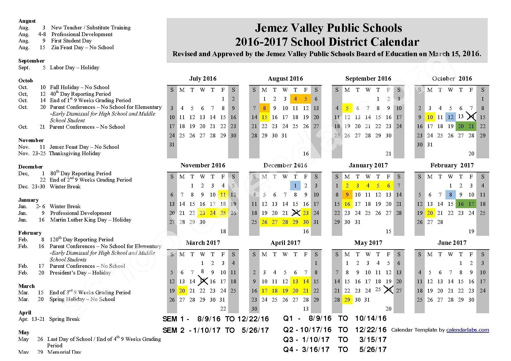 2016 2017 School Calendar Jemez Valley Public Schools Jemez 2016 2017 School Calendar Jemez Valley Public Schools Jemez