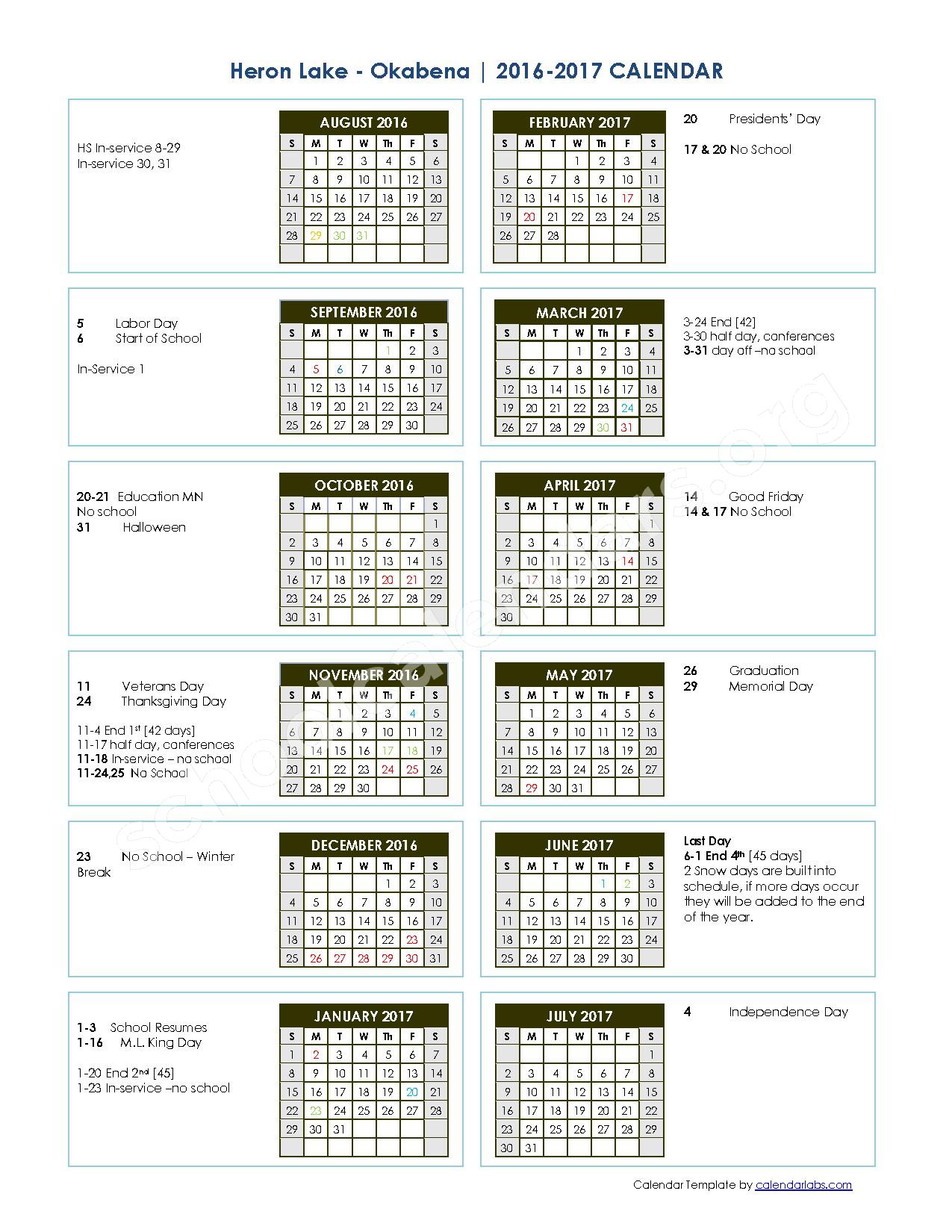 Heron LakeOkabena School District Calendars Okabena, MN